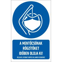   A mentőcsónak rögzítőket időben oldja ki! tábla (ISO 7010-M045 piktogram + felirat) 160x250 mm