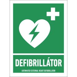   Defibrillátor tábla (ISO 7010-E010 piktogram + felirat) 150x200 mm