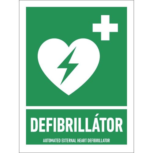 Defibrillátor matrica (ISO 7010-E010 piktogram + felirat) 150x200 mm