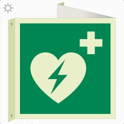   Defibrillátor utánvilágító tábla, faltól elálló, sátor alakú, kétoldalas (ISO 7010-E010 piktogram) 150x150 mm
