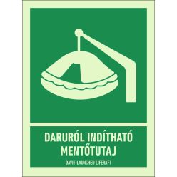   Daruról indítható mentőtutaj utánvilágító matrica (ISO 7010-E039 piktogram + felirat) 150x200 mm