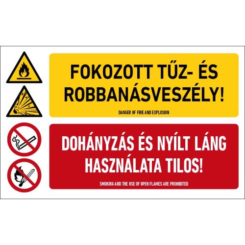 Fokozott tűz- és robbanásveszély! Dohányzás és nyílt láng használata tilos! matrica / tábla (piktogr