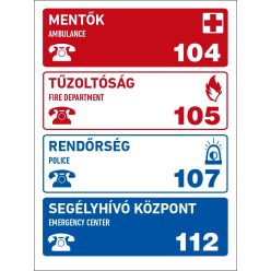   Segélykérő telefonszámok tábla (piktogram + felirat) 150x200 mm