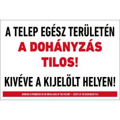   A telep egész területén a dohányzás tilos! Kivéve a kijelölt helyen! tábla (felirat)