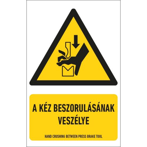A kéz beszorulásának veszélye tábla (ISO 7010-W030 piktogram + felirat) 160x250 mm